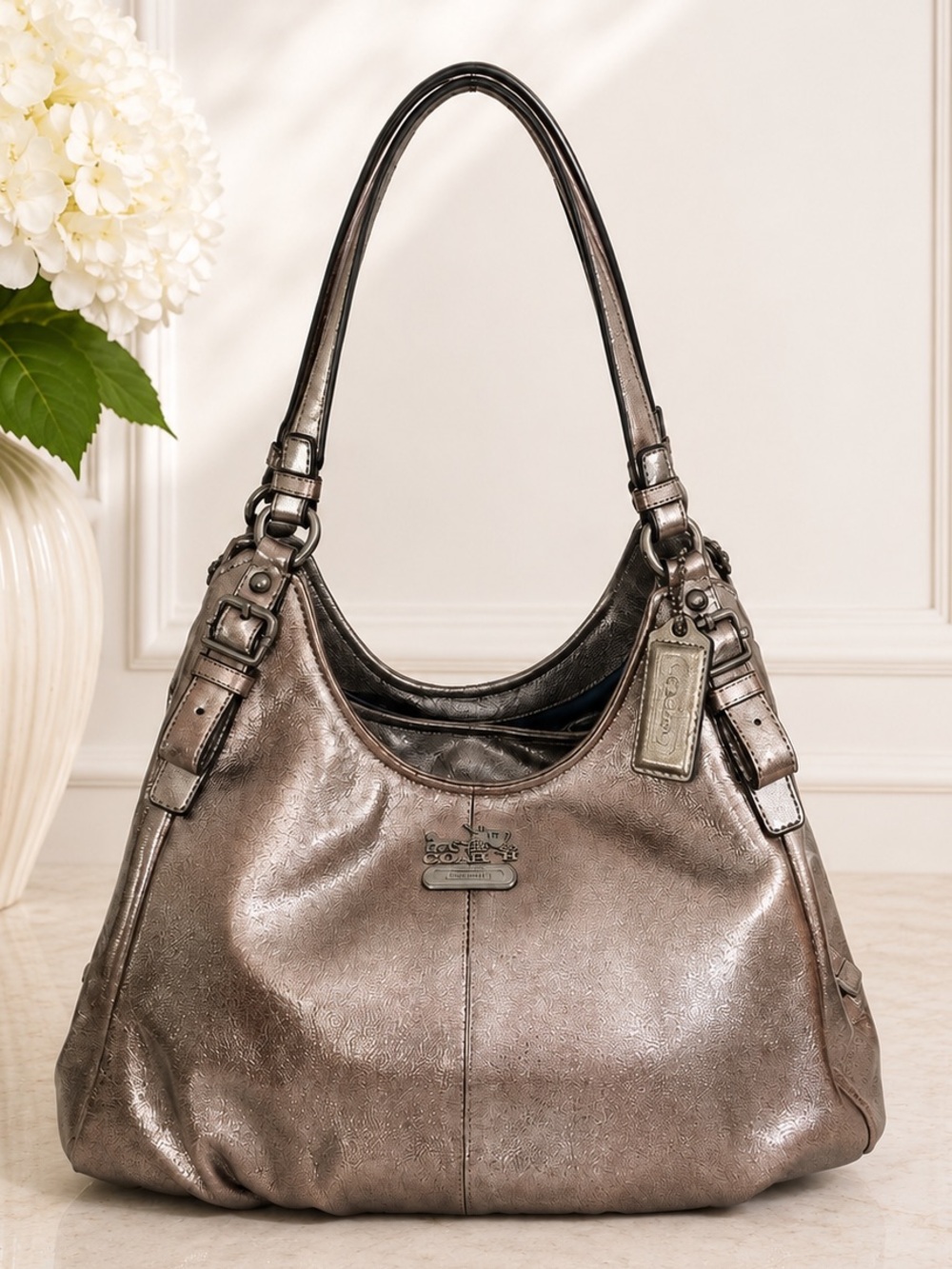 Coach Maggie Metallic Gunmetal Leather Large Shoulder Bag 18813